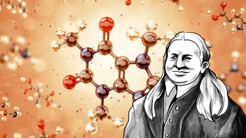 An illustration of Friedlieb Runge next to a caffeine molecule.