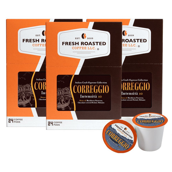 Three-pack bundle of Fresh Roasted Coffee Correggio espresso pods, 24-count boxes, full-bodied Italian roast.