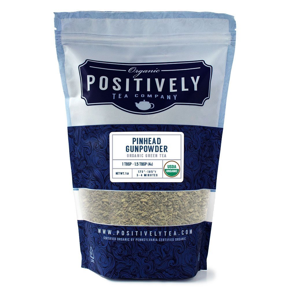 Positively Tea Company Pinhead Gunpowder Organic Green Tea, 1 lb resealable bag with USDA Organic certification.