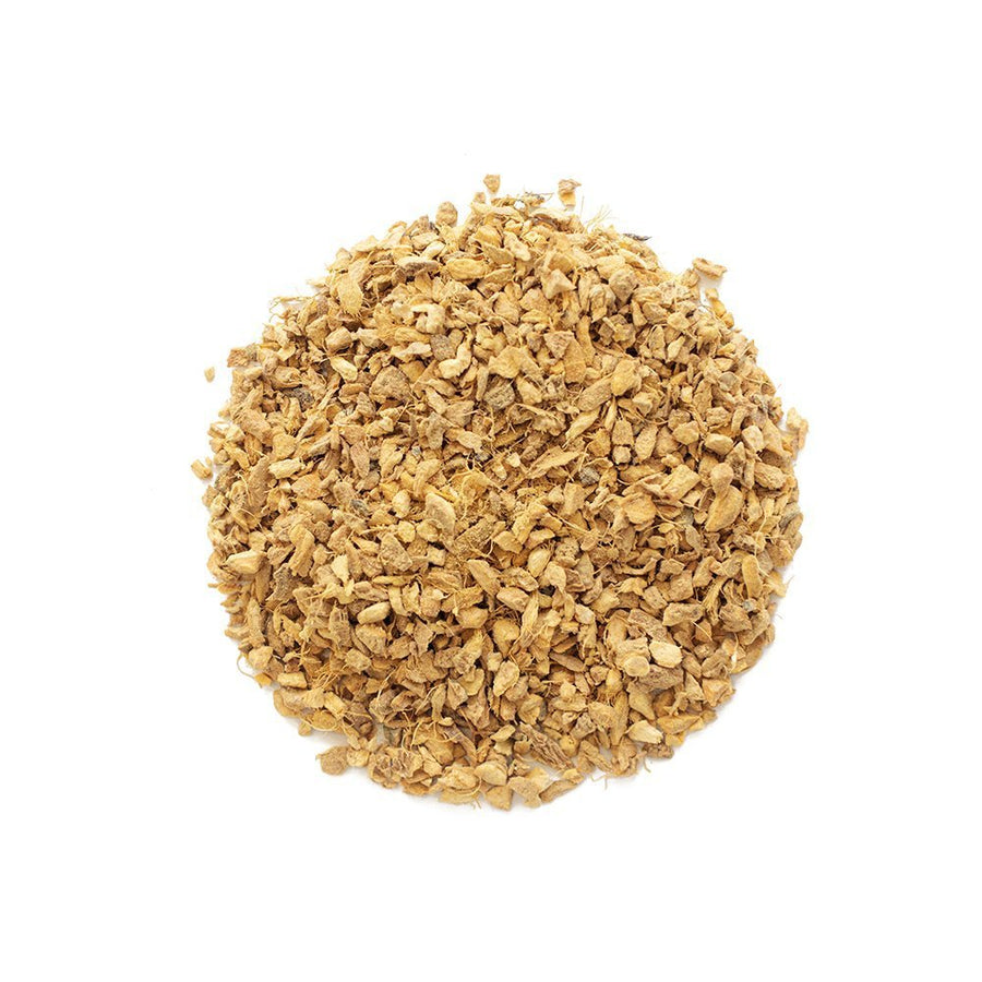 Loose, dried organic ginger root pieces displayed in a circular pile on a white background.