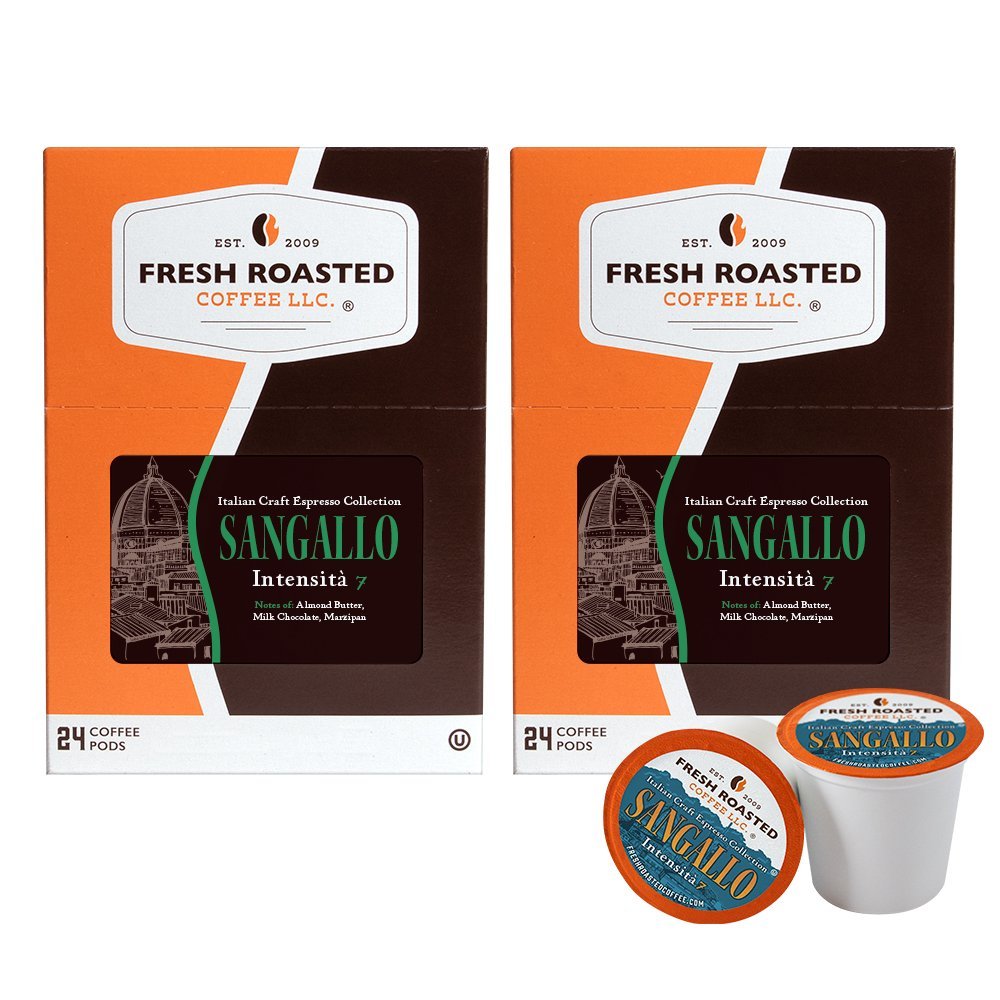 Two-pack bundle of Fresh Roasted Coffee Sangallo espresso pods, 24-count boxes, smooth and nutty Italian espresso blend.