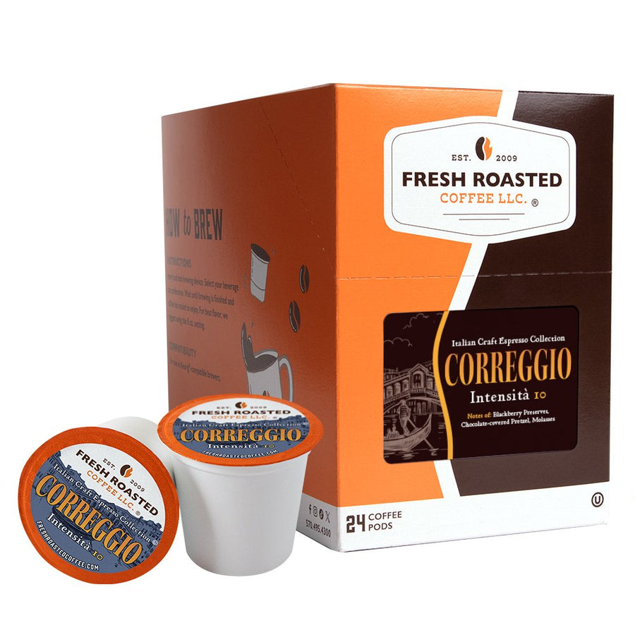 Fresh Roasted Coffee Correggio espresso pods, 24-count box, rich Italian roast with notes of blackberry preserves, chocolate-covered pretzel, and molasses.