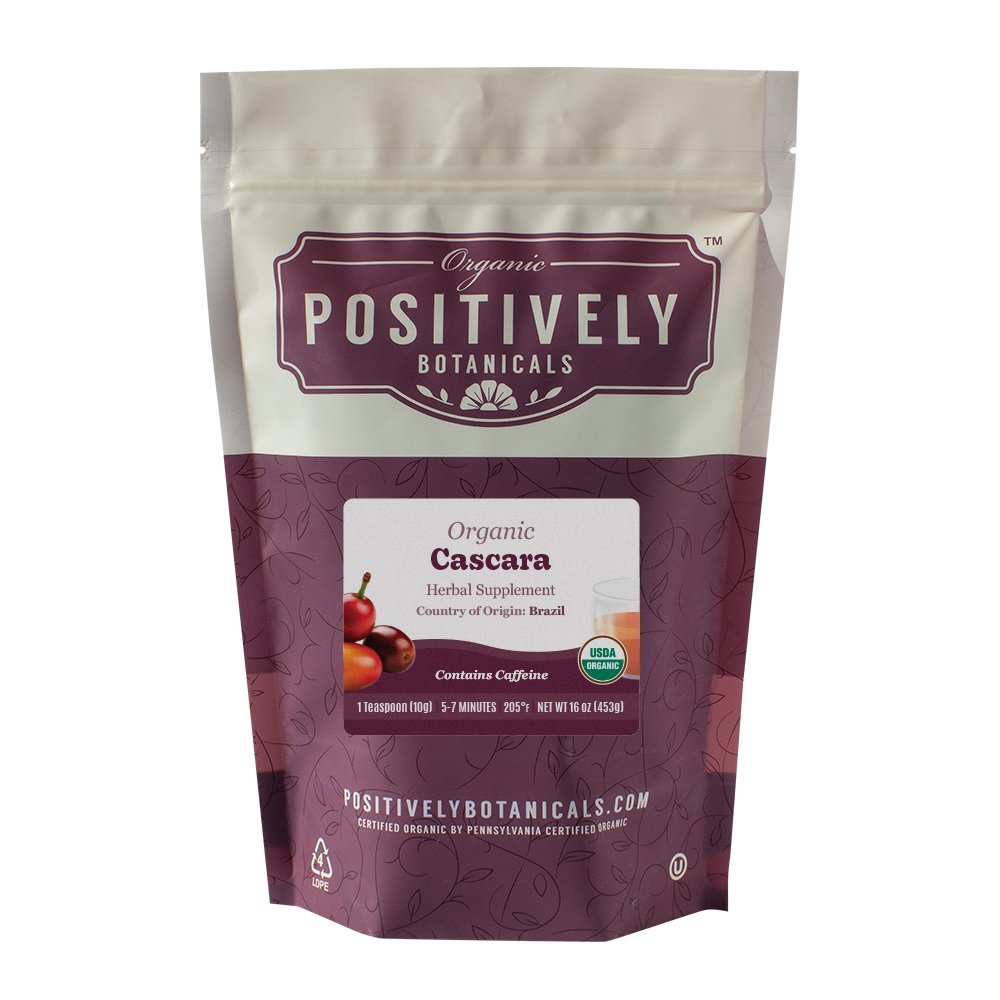Positively Botanicals Organic Cascara herbal supplement, 1 lb bulk bag, ideal for crafting refreshing antioxidant-rich beverages.
