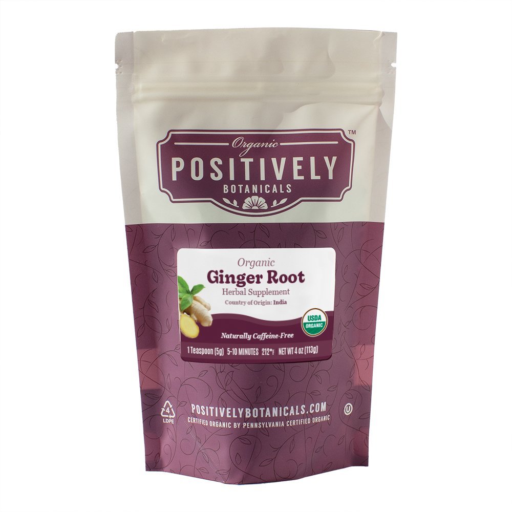 Front view of a 4 oz Positively Botanicals Organic Ginger Root Herbal Supplement pouch with a purple label, USDA Organic seal, and brewing instructions.