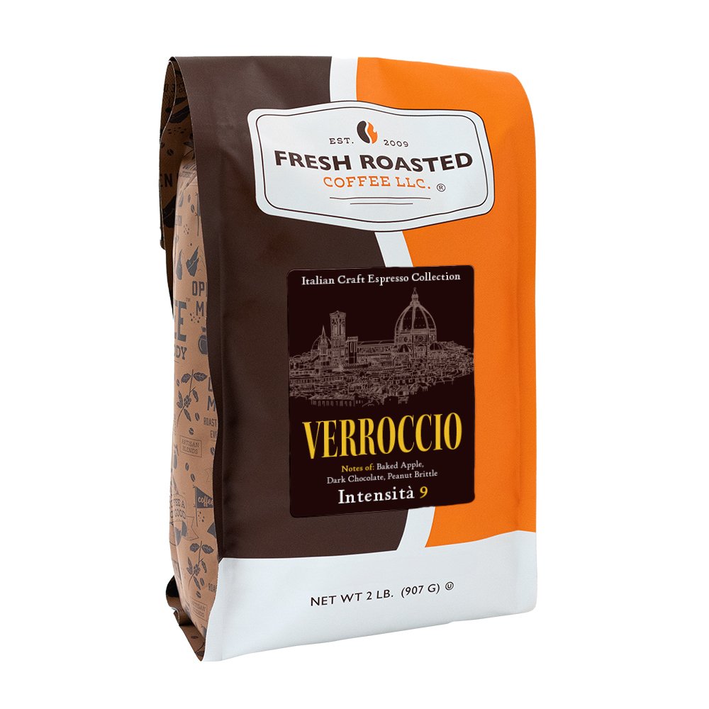 Fresh Roasted Coffee Verrocchio espresso beans, 2 lb bag crafted for espresso lovers seeking a strong Intensity 9 blend with baked apple, dark chocolate, and caramelized nut flavors.
