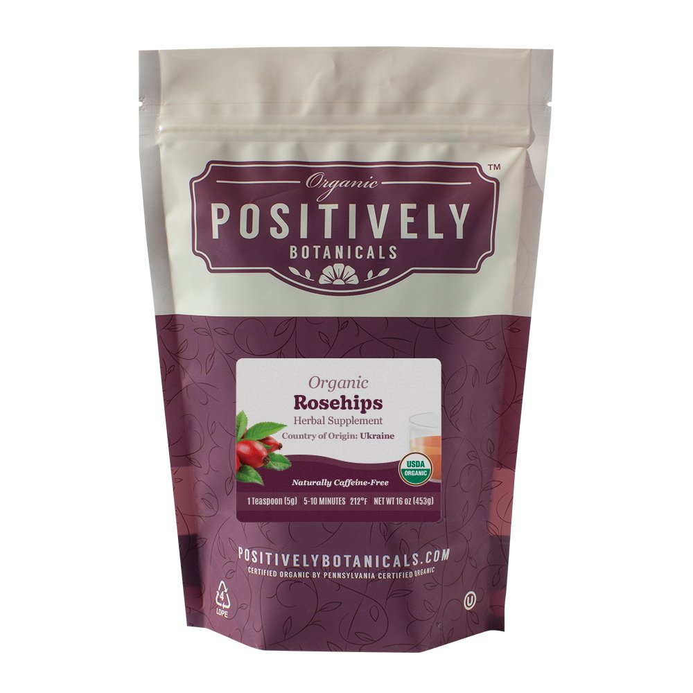 Positively Botanicals Organic Rosehips herbal supplement, 1 lb bulk bag, ideal for daily immune support and wellness infusions.