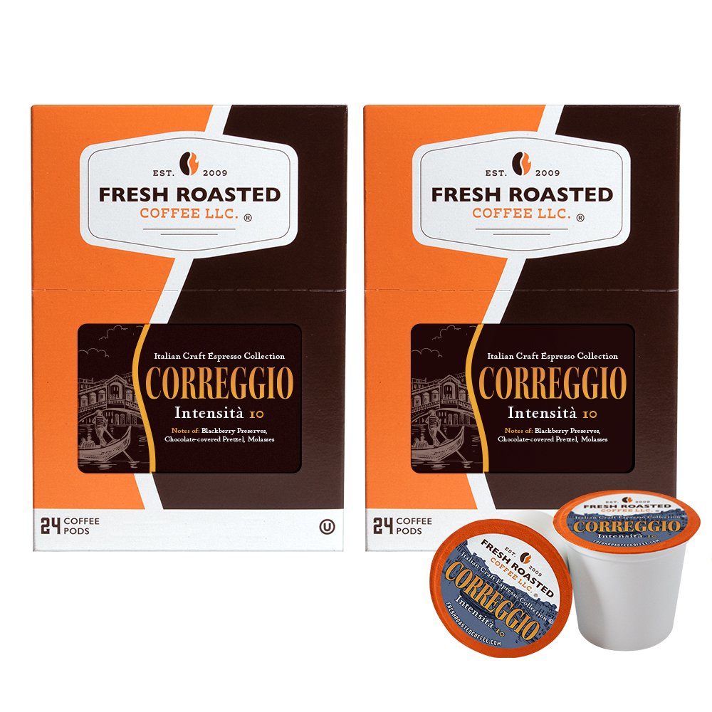 Two-pack of Fresh Roasted Coffee Correggio espresso pods, 24-count boxes, bold Italian espresso blend.