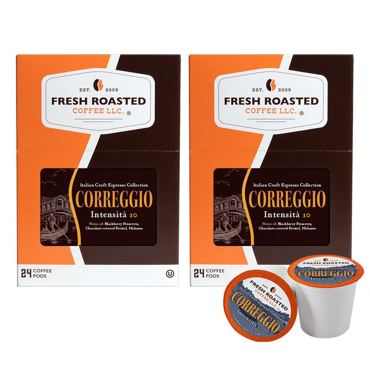 Two-pack of Fresh Roasted Coffee Correggio espresso pods, 24-count boxes, bold Italian espresso blend.