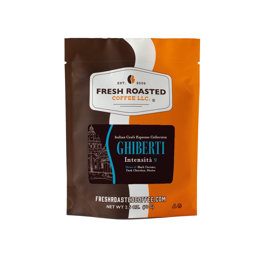 Ghiberti espresso sampler size bag, offering bold black currant, dark chocolate, and merlot flavor notes in a compact 2.5 oz package.