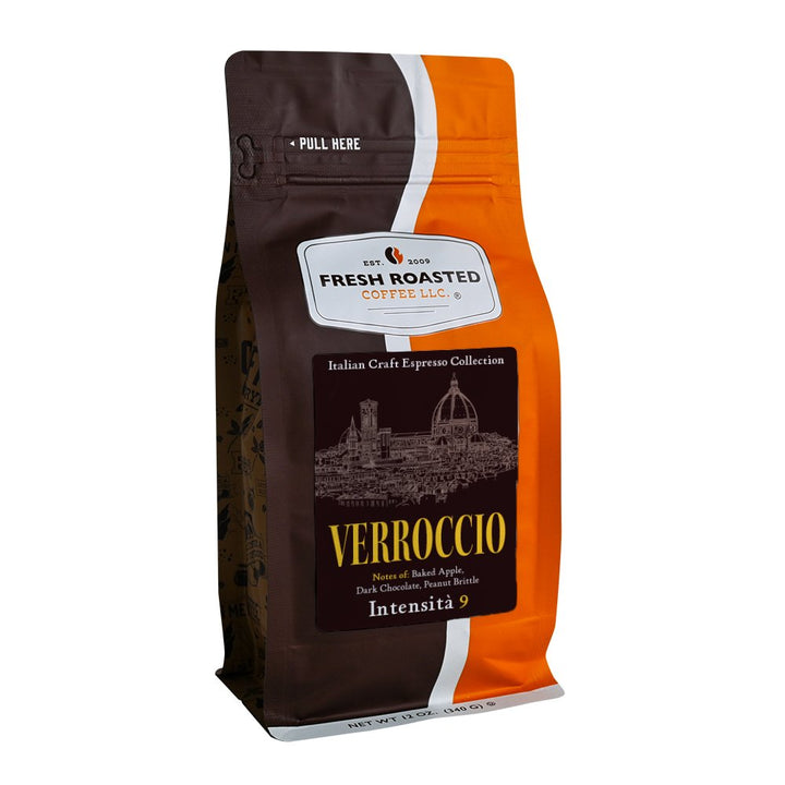 Fresh Roasted Coffee LLC Verrocchio espresso coffee beans, 12 oz bag, highlighting bold notes of baked apple, dark chocolate, and peanut brittle with Intensity 9 Italian roast.