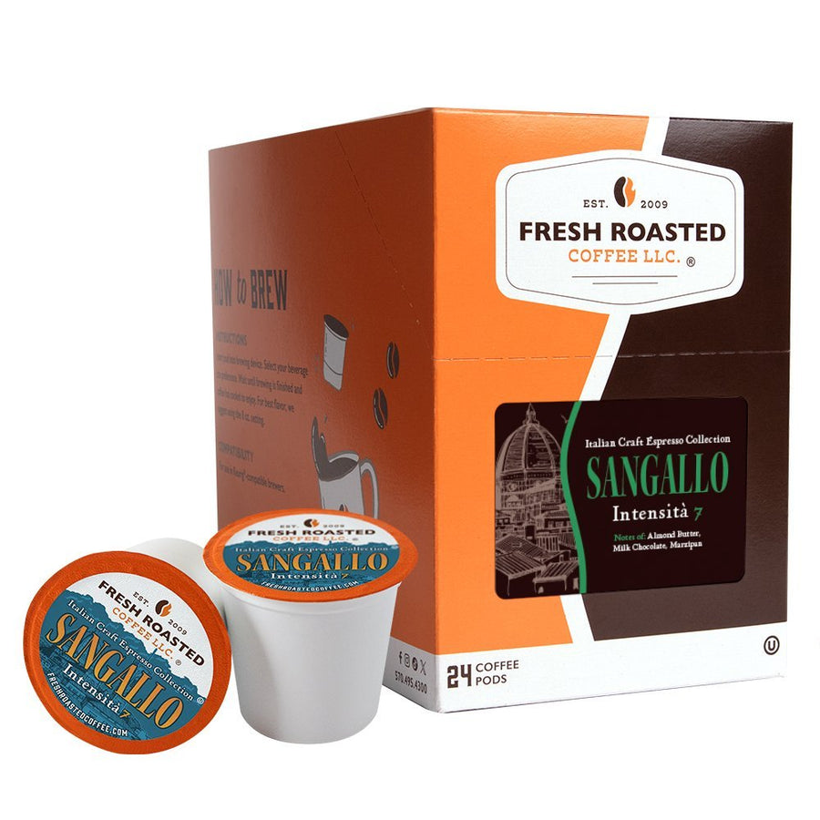 Fresh Roasted Coffee Sangallo espresso pods, 24-count box, Italian roast with notes of almond butter, milk chocolate, and marzipan.
