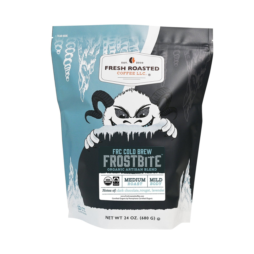 Fresh Roasted Coffee Frostbite Cold Brew, 24 oz organic artisan blend, medium roast with nougat and lavender notes.
