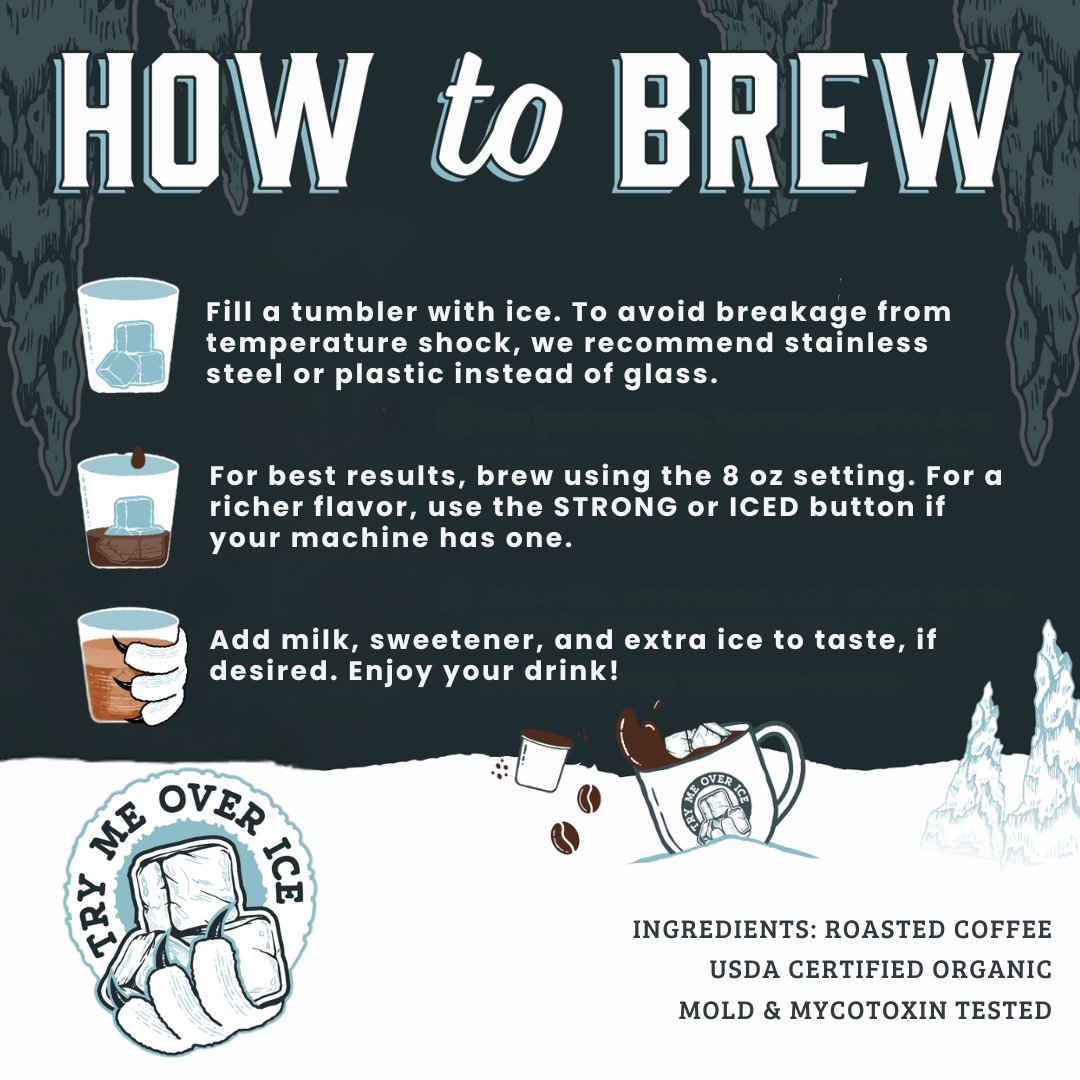Step-by-step instructions for brewing Fresh Roasted Coffee Frostbite Cold Brew pods over ice, with tips for flavor and serving.