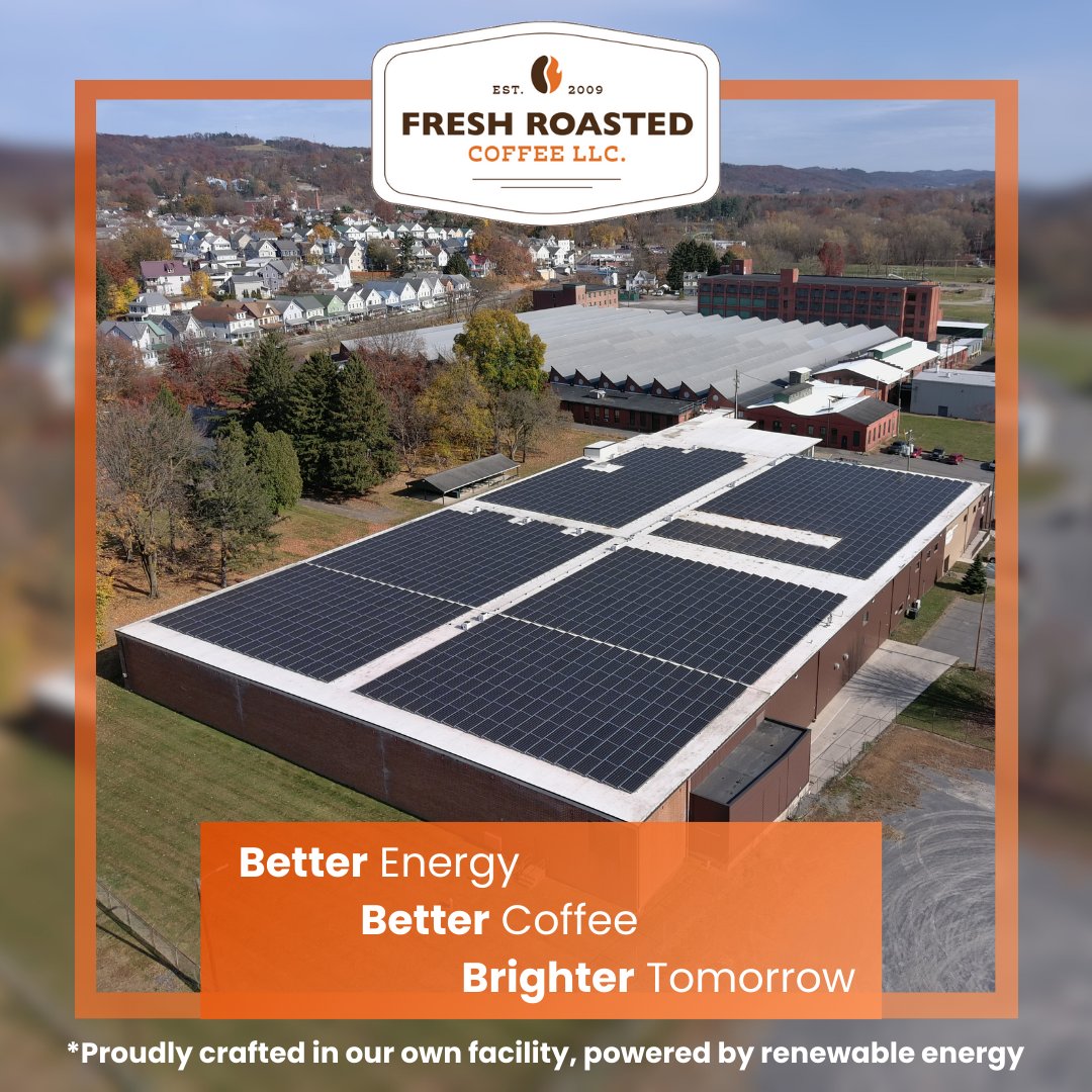 Aerial view of Fresh Roasted Coffee's solar-powered roasting facility, producing sustainably crafted coffee.