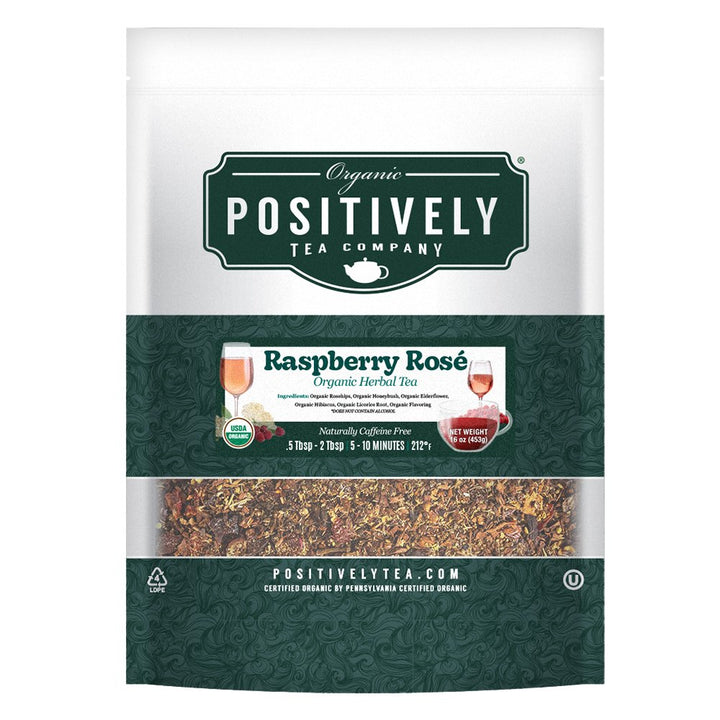 Positively Tea Company Raspberry Rosé herbal tea, 16 oz bulk loose leaf blend perfect for fruity iced tea.