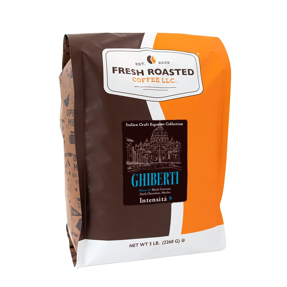 Bulk size Ghiberti espresso coffee, 5 lb bag, delivering consistent rich flavor—black currant, dark chocolate, merlot—with a bold Intensity 9 profile.